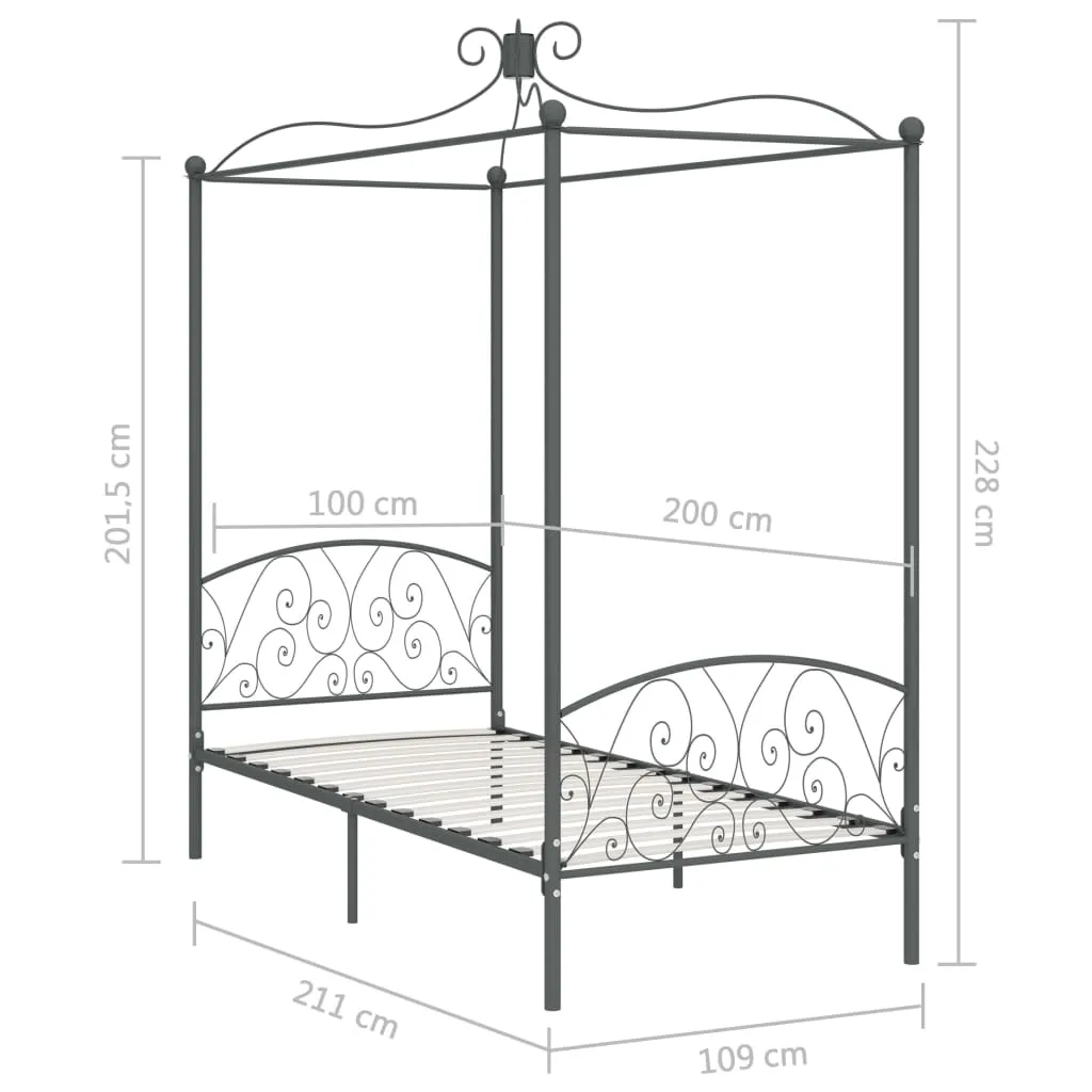 284481 vidaXL Canopy Bed Frame without Mattress Grey Metal 100x200 cm