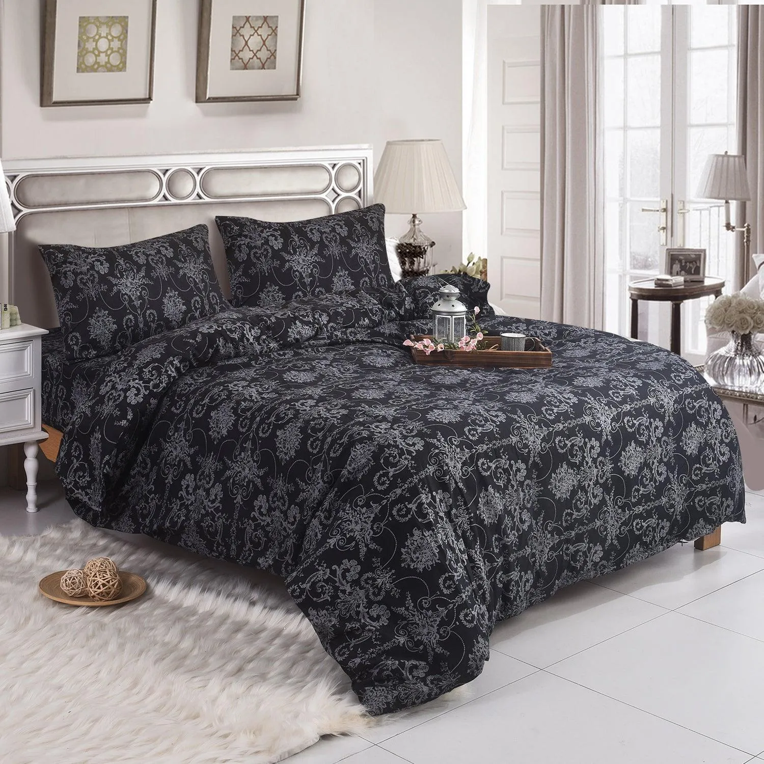 4 Piece Luxury Microfibre Bedding-Royal Noir Floral Duvet Covers Set