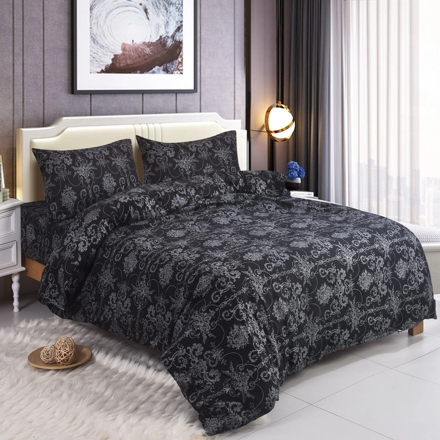 4 Piece Luxury Microfibre Bedding-Royal Noir Floral Duvet Covers Set