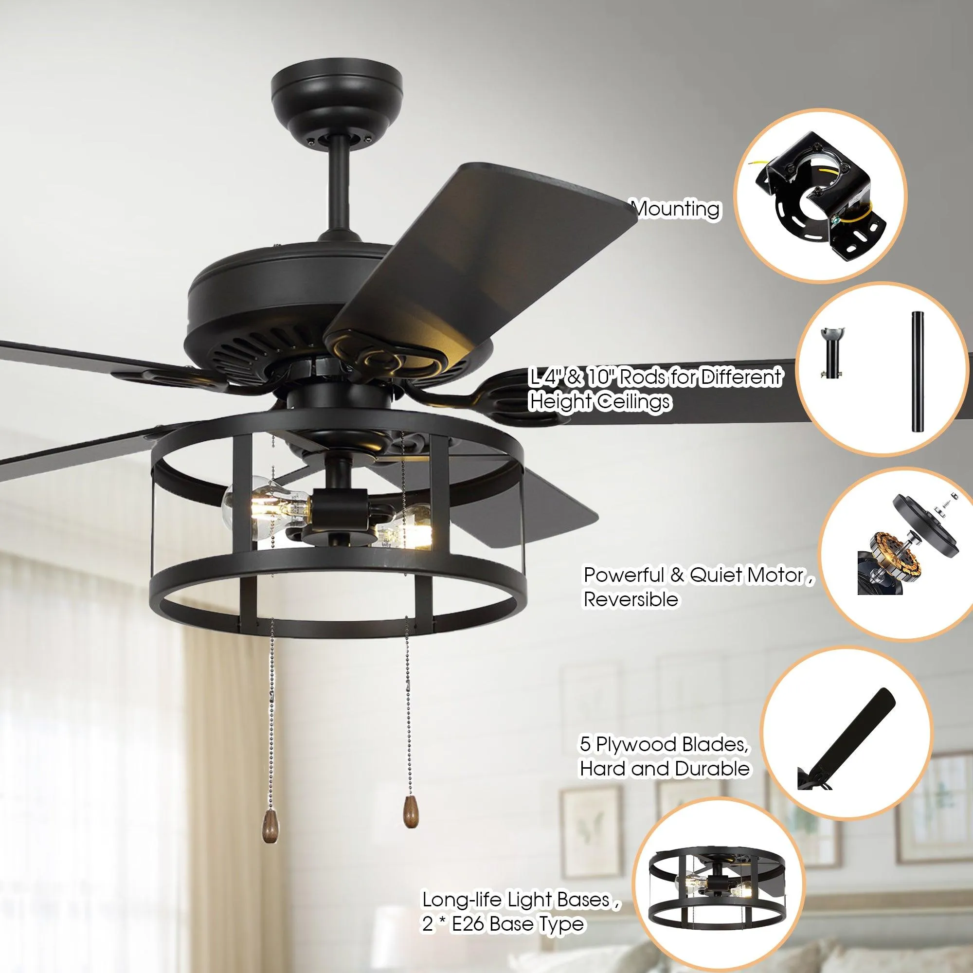 52" Urbana Downrod Mount Reversible Industrial Ceiling Fan with Lighting and Pull Chain