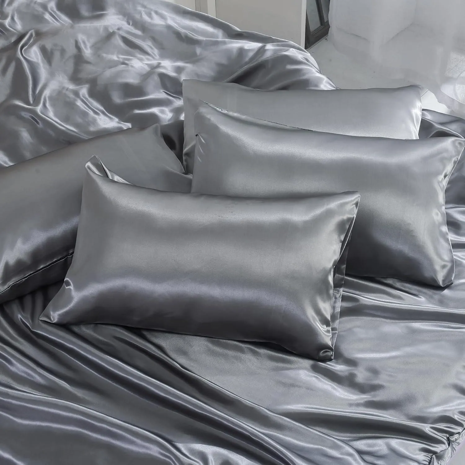 6PC Silver Gray Satin Bedding Collection – Includes Duvet, Fitted Sheet & Pillow Covers