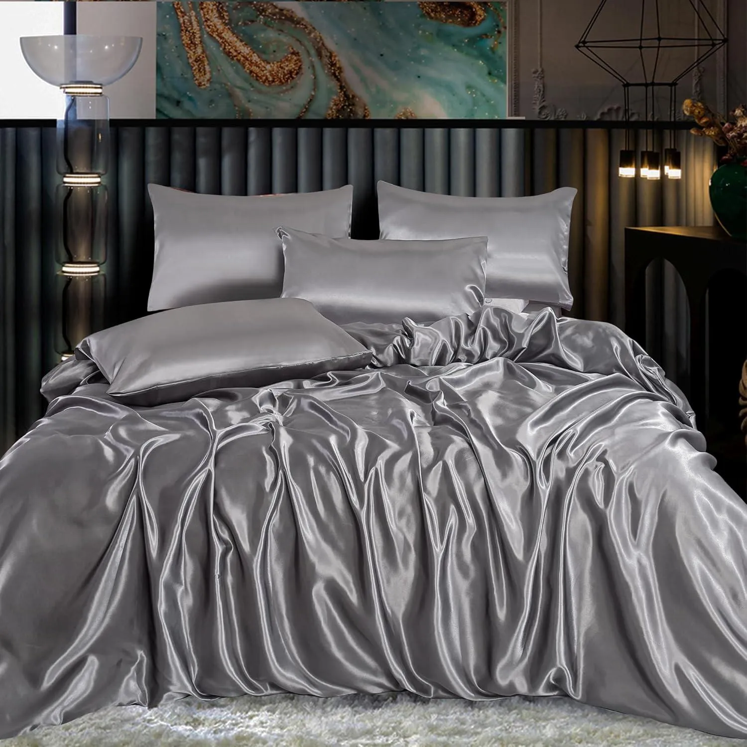 6PC Silver Gray Satin Bedding Collection – Includes Duvet, Fitted Sheet & Pillow Covers