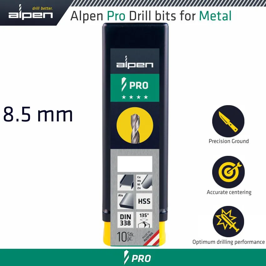 ALPEN ALPEN PRO HSS DRILL DIN 338 RN 135  WITH SPLIT POINT 8.5MM BULK ALP9540085