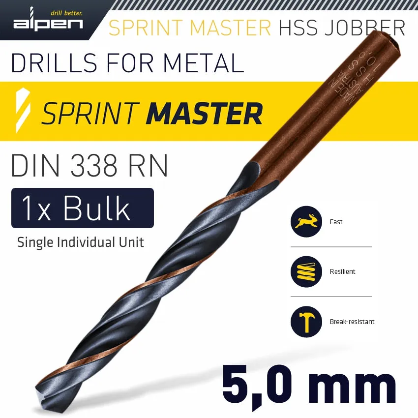 ALPEN HSS SPRINT MASTER 5.0MM BULK DIN 338 ALPEN DRILL BIT ALP626005