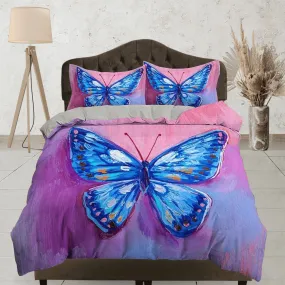 Artistic blue butterfly bedding boho chic aesthetic pink purple duvet cover, dorm bedding full size duvet king queen twin, nursery toddler