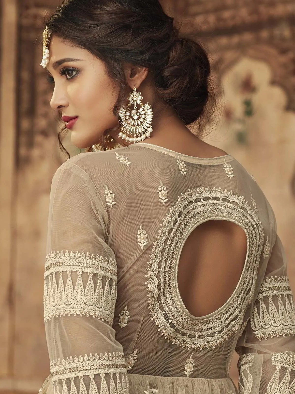 Biscuit Beige Thread Embroidered Party Wear Sharara Suit