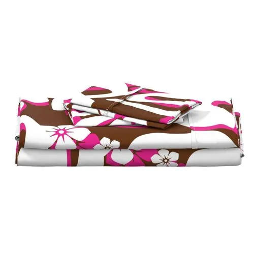 Chocolate Brown, Surfer Girl Pink and White Hawaiian Flowers Sheet Set from Surfer Bedding™️ Large Scale