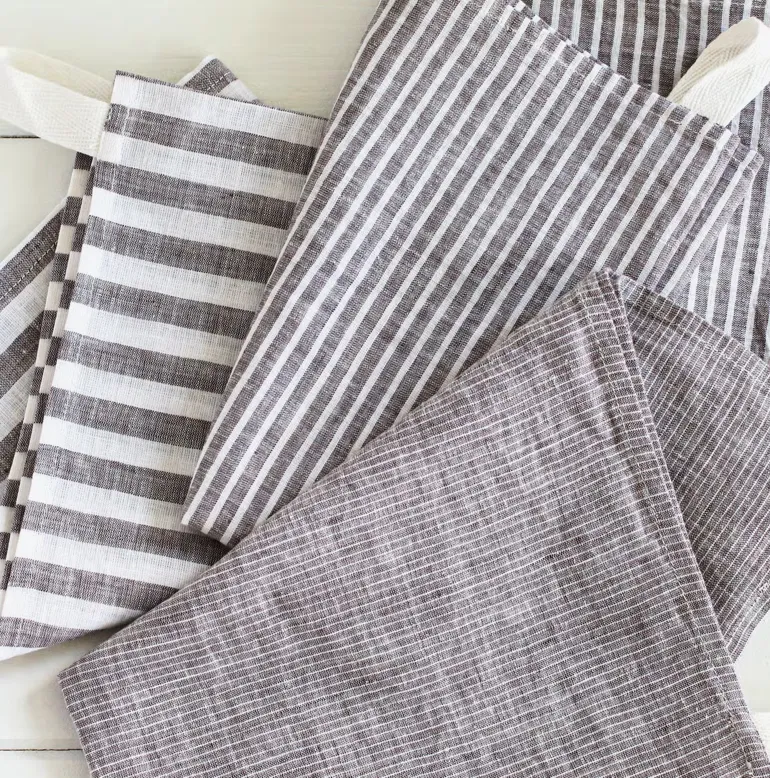 Cocoa wide stripe linen tea towel