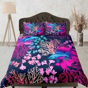 Colorful corals unique coastal grandma duvet cover nautical bedding set full queen king, aesthetic beach room decor, ocean lover gift seaman