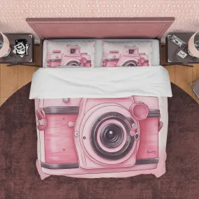 Cute Pink Camera Girl Bedroom Duvet Cover,  Unique Girl Cute Quilt Cover, Girly Photo Lover Bedding, Female Photographer Blanket Cover