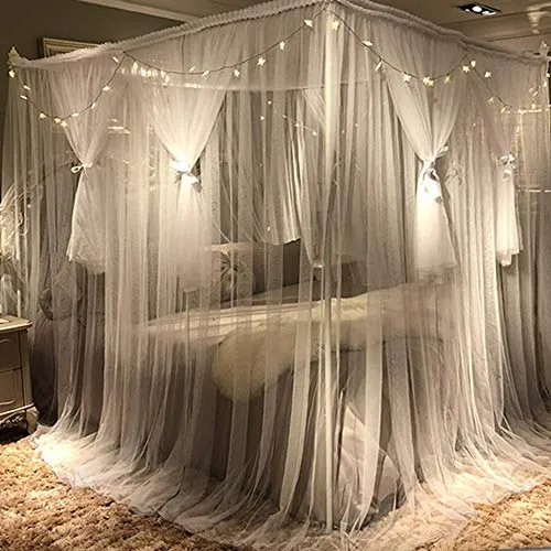 DIVAYANSHI 4 Corners Post Canopy Bed Curtain - Royal Luxurious Cozy Drape Netting - 3 Opening Mosquito Net - Cute Princess Bedroom Decoration Accessories (86" W*78" L*82" H/(Suggested for King))