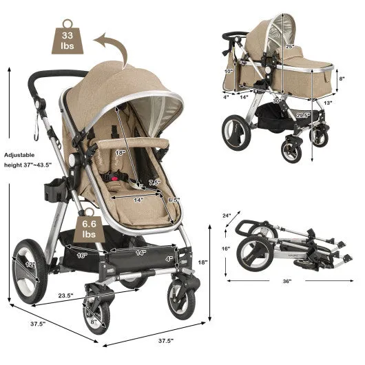 Folding Aluminum Baby Stroller Baby Jogger with Diaper Bag-Beige