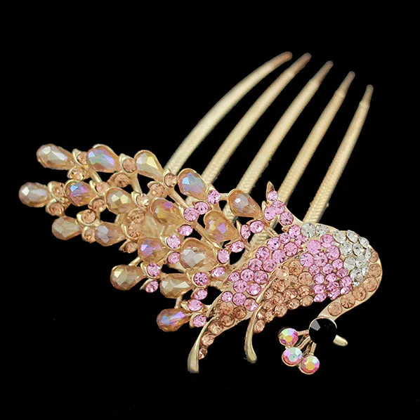 Gold Finish Rhinestone Peacock French Twist Comb