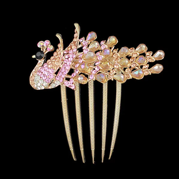 Gold Finish Rhinestone Peacock French Twist Comb