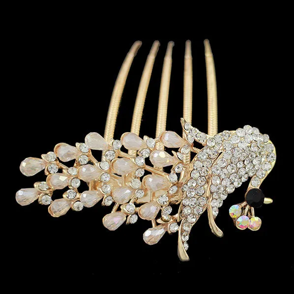 Gold Finish Rhinestone Peacock French Twist Comb