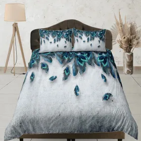 Grey duvet cover with peacock feather aesthetic bedding set full, luxury duvet queen, king, boho duvet, designer bedding, maximalist decor