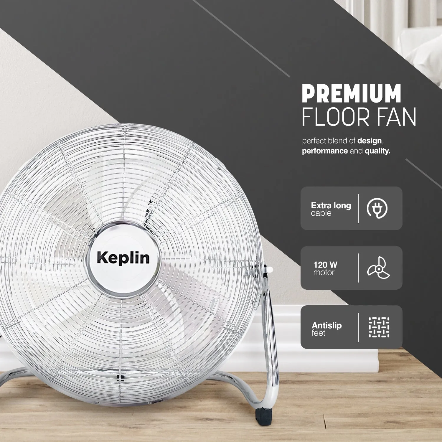 Heavy Duty Chrome Floor Fan with 3 Speeds - Adjustable Fan Head and Powerful Circulation