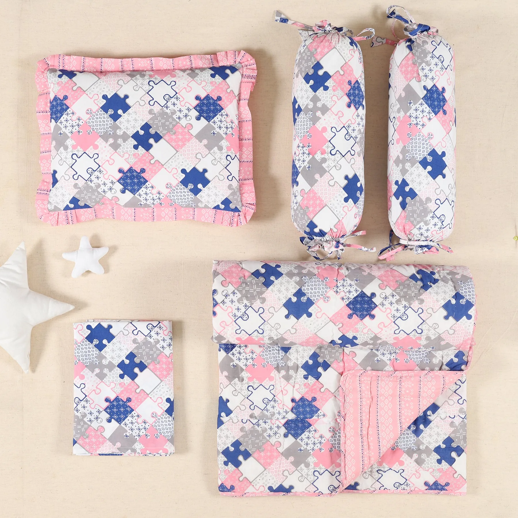 Jigsaw Pink Cotton Baby Bedding Set