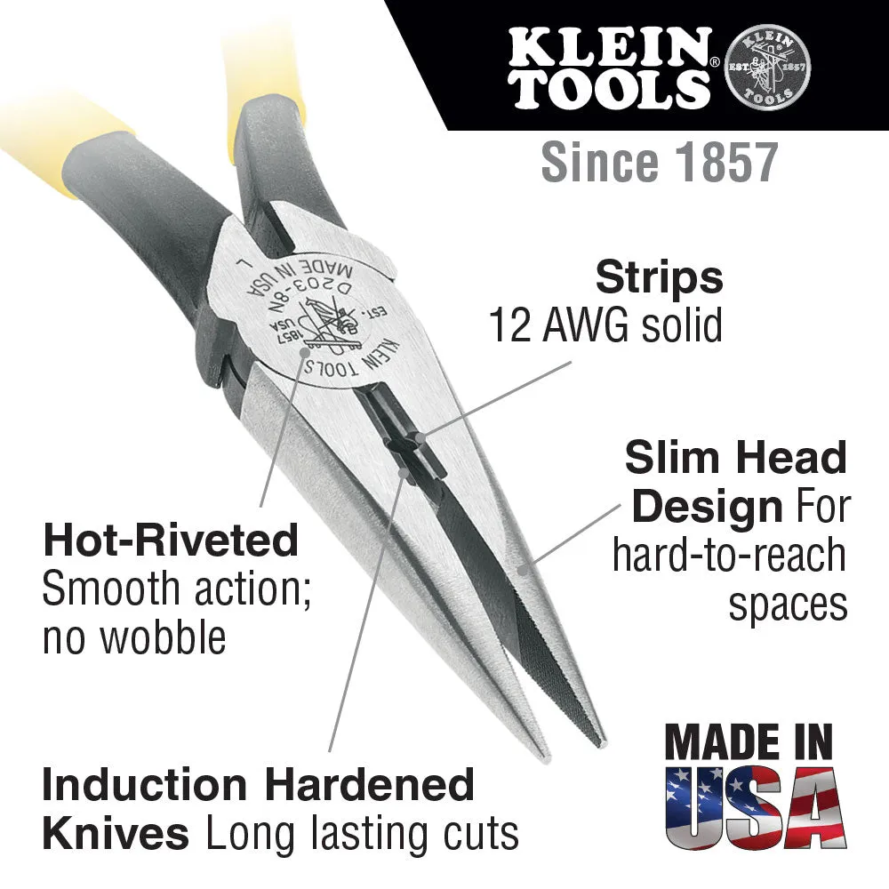 Klein Tools D203-8N Long Nose Side-Cutting Pliers, Stripping, 8"