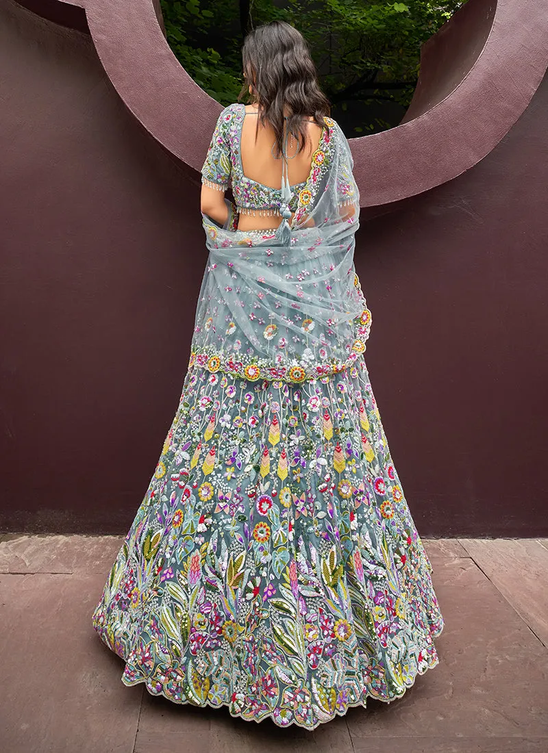 Light Grey Multi Embroidered Bridal Lehenga Choli