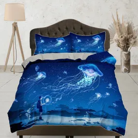 Magical jellyfish bedding blue duvet cover, ocean blush sea animal bedding set full king queen twin crib toddler, college dorm bedding gift