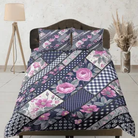 Polkadot pink floral patchwork quilt printed duvet cover set, aesthetic decor bedding set full, king, queen size, boho bedspread shabby chic