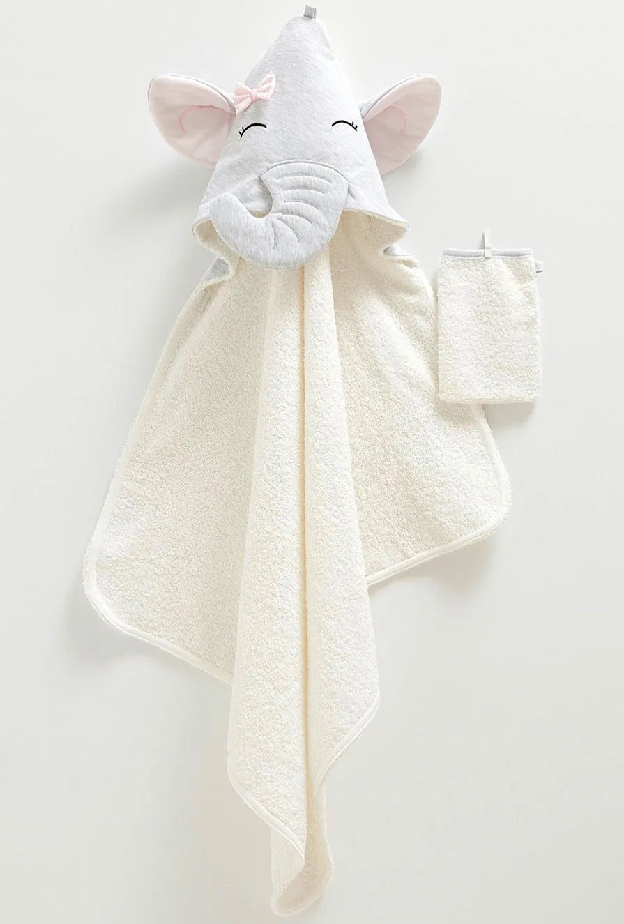 Pretty Elephant Cotton Towel with Mitt - White