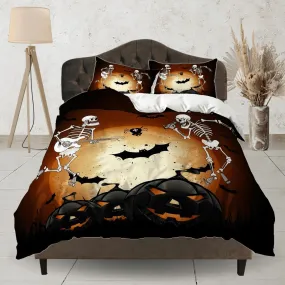 Skeleton and pumpkin halloween bedding & pillowcase, brown duvet cover set dorm bedding, halloween gift, nursery toddler bedding