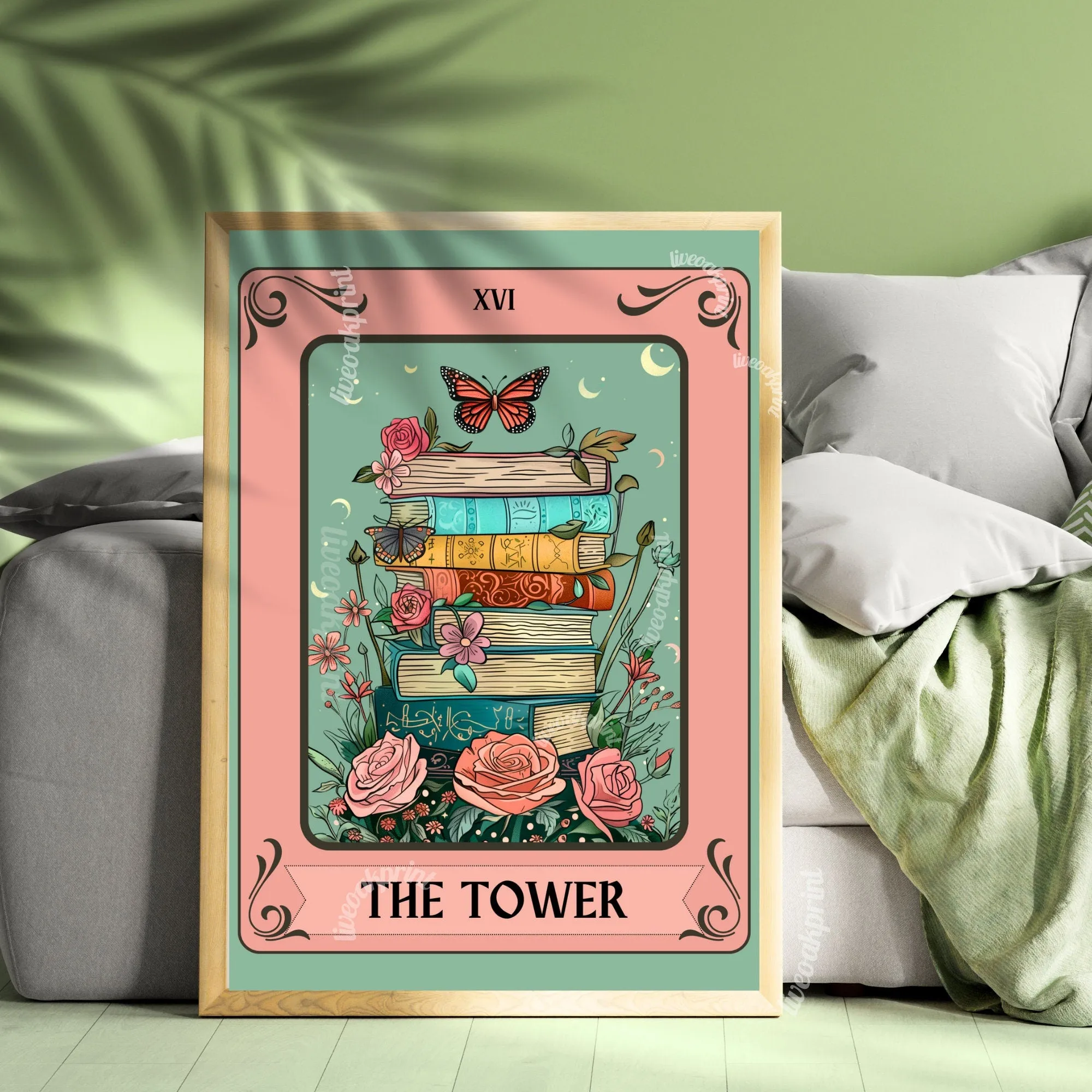 The Tower Tarot Print - Stack of Books Tarot Card - Botanical Reading Print - Gift For Book Lovers - Reading Nook Art - Bookish Decor