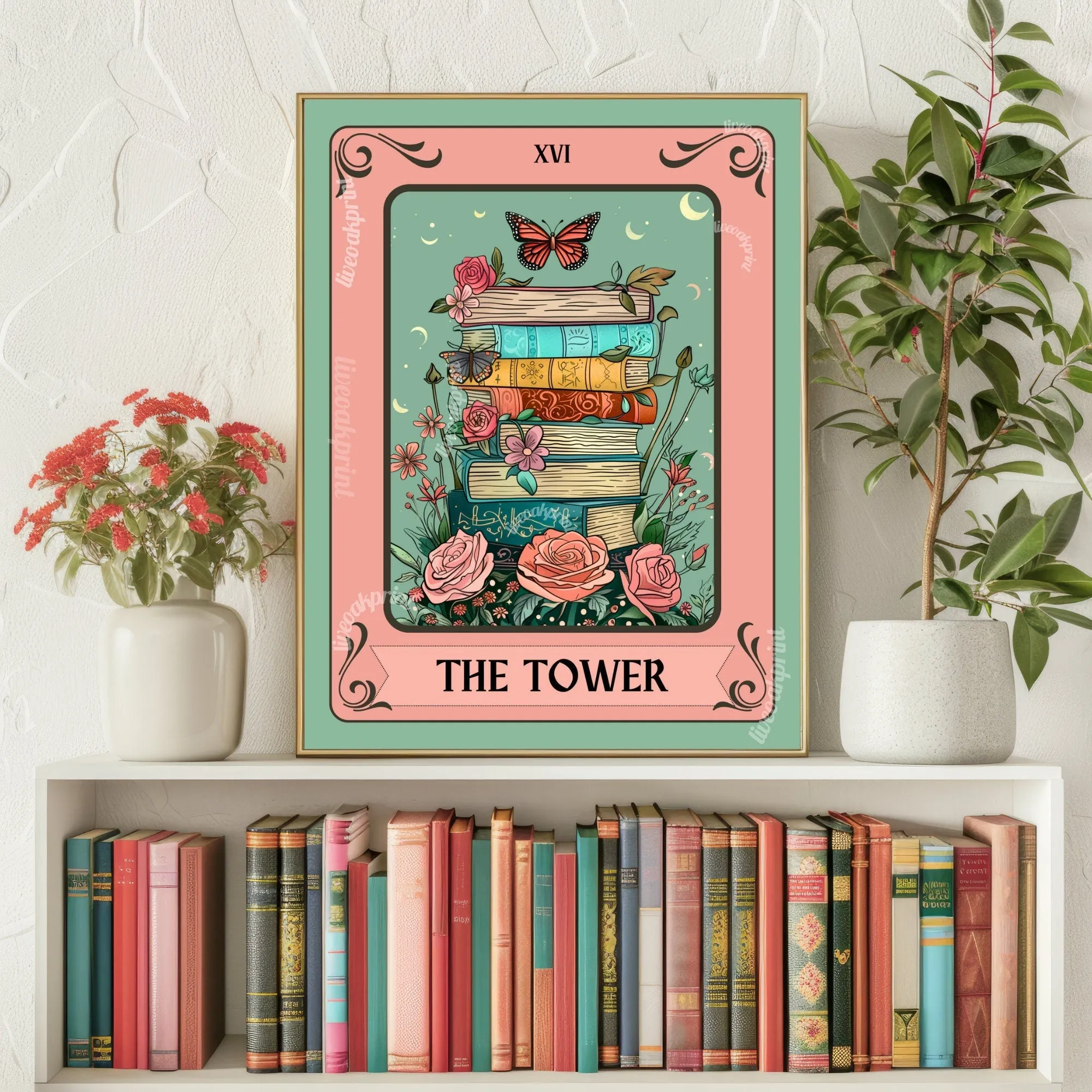 The Tower Tarot Print - Stack of Books Tarot Card - Botanical Reading Print - Gift For Book Lovers - Reading Nook Art - Bookish Decor