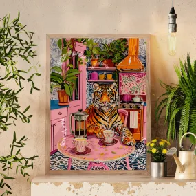 Tiger With Coffee and A French Press - Maximalist Wall Art - Tiger Print - Tiger Wall Art - Tiger Kitchen Print