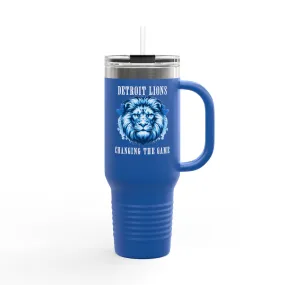 Travel Mug features a quote, "Detroit Lions, Changing the Game"