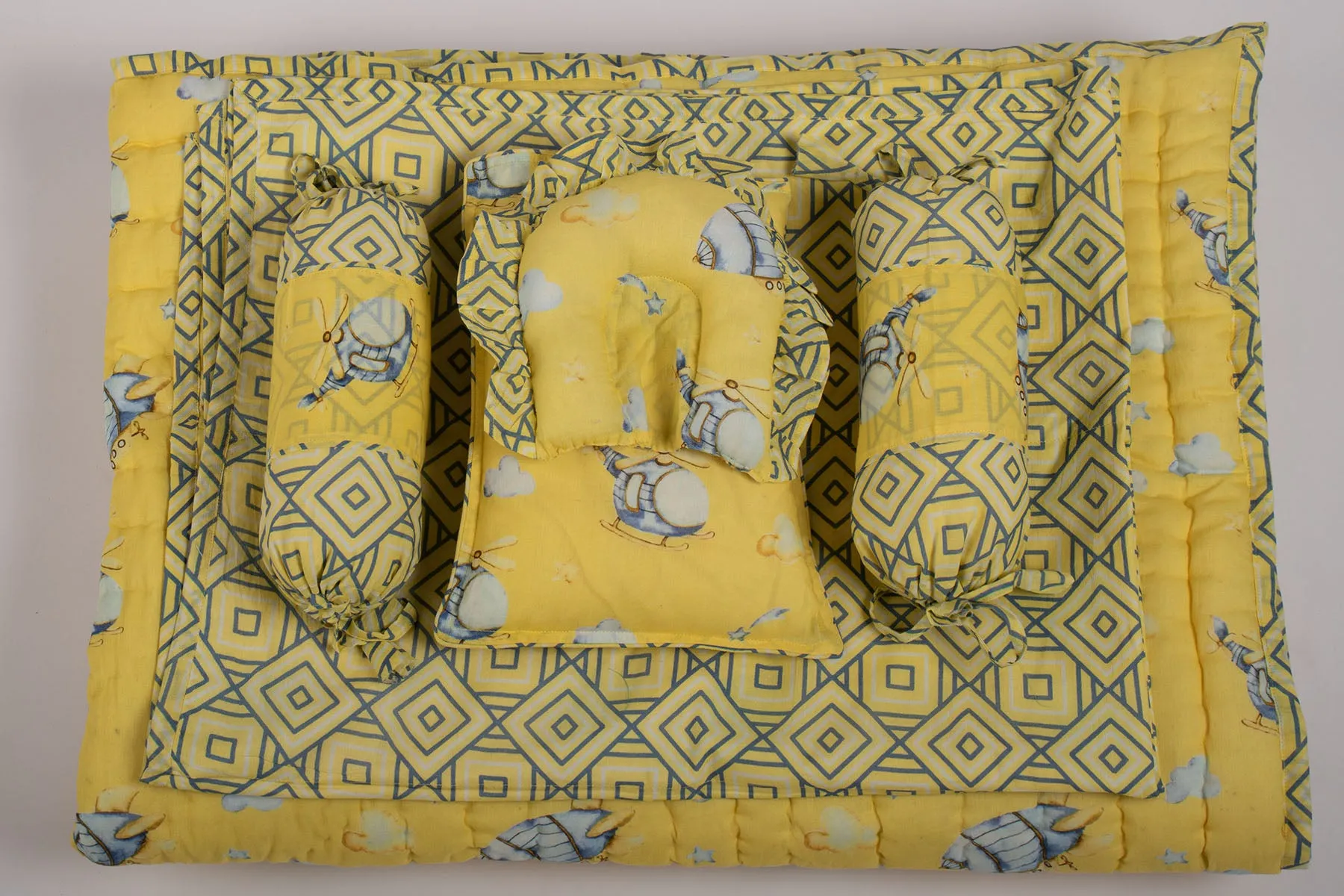 Yellow Helicopter Printed Baby Bedding Set Of 7 Pcs