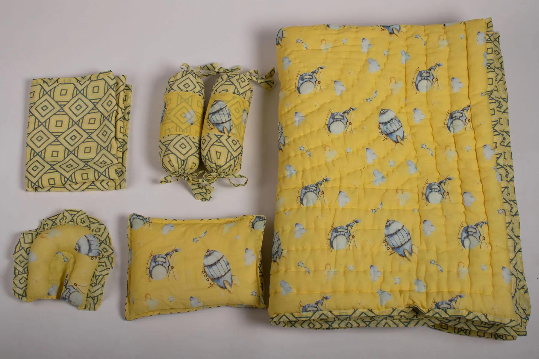 Yellow Helicopter Printed Baby Bedding Set Of 7 Pcs